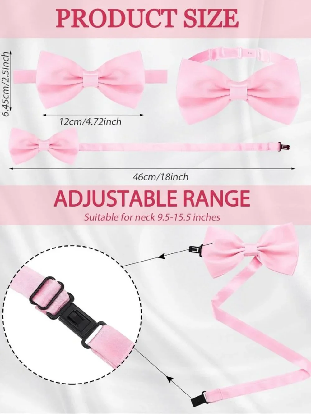 24 Men's Pre-tied Satin Bow Ties Set - Adjustable Neck Band, Formal Accessories
